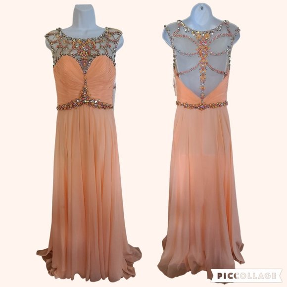 Rachel Allen Chiffon Beaded Illusion Long Prom Evening Dress Style 6934 Apricot - Picture 2 of 15
